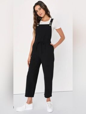 Rhythm Verona, Lulus Black Wideleg  Linen/ Cotton Jumpsuit Drawstring Waist M/L